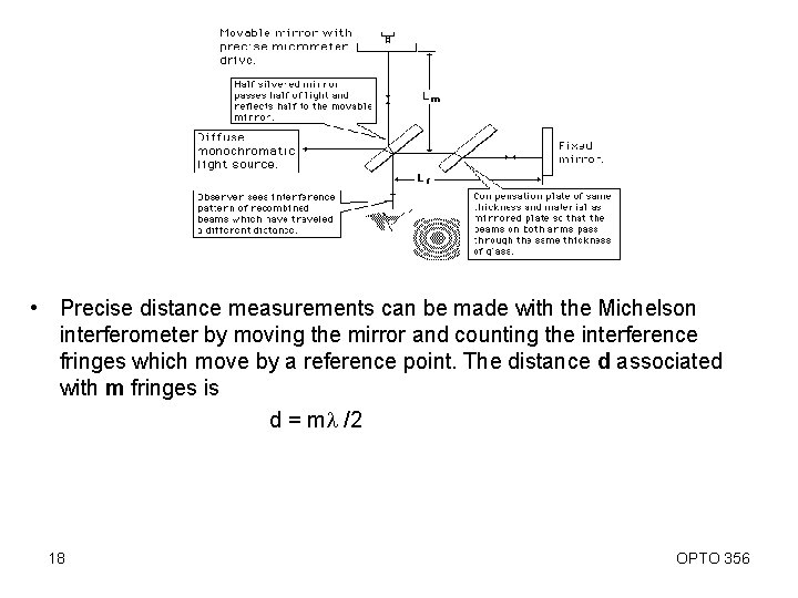  • Precise distance measurements can be made with the Michelson interferometer by moving