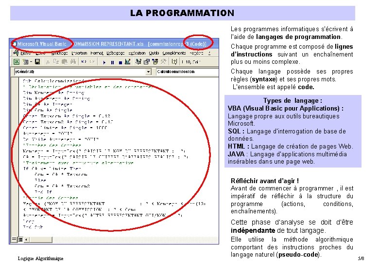 LA PROGRAMMATION Les programmes informatiques s’écrivent à l’aide de langages de programmation. Chaque programme