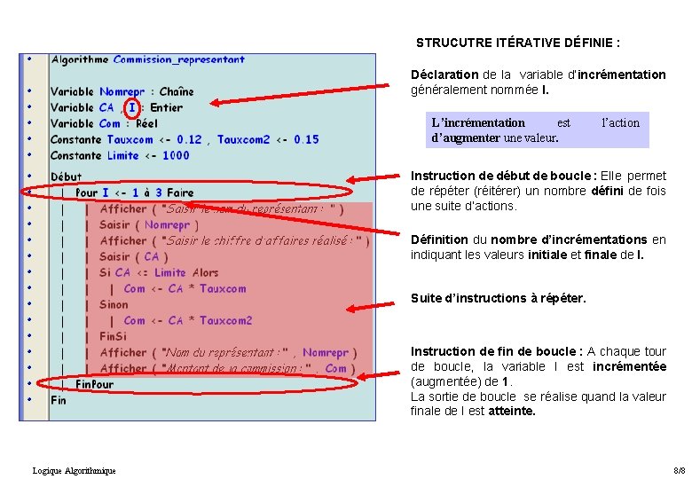 STRUCUTRE ITÉRATIVE DÉFINIE : Déclaration de la variable d’incrémentation généralement nommée I. L’incrémentation est