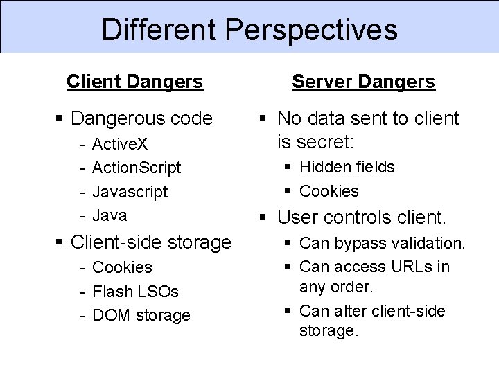 Different Perspectives Client Dangers Server Dangers § Dangerous code § No data sent to