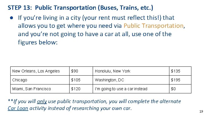 STEP 13: Public Transportation (Buses, Trains, etc. ) ● If you’re living in a