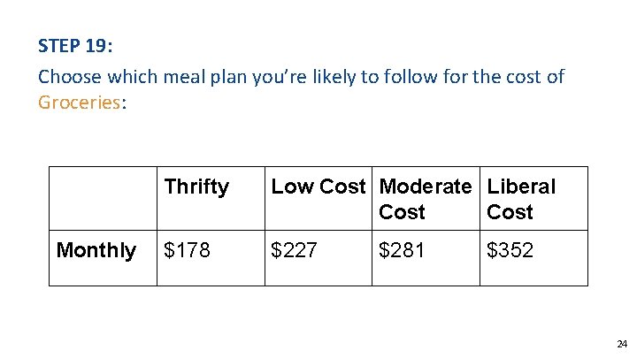 STEP 19: Choose which meal plan you’re likely to follow for the cost of