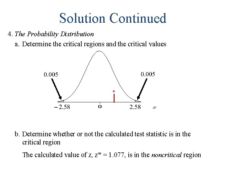 Solution Continued 4. The Probability Distribution a. Determine the critical regions and the critical