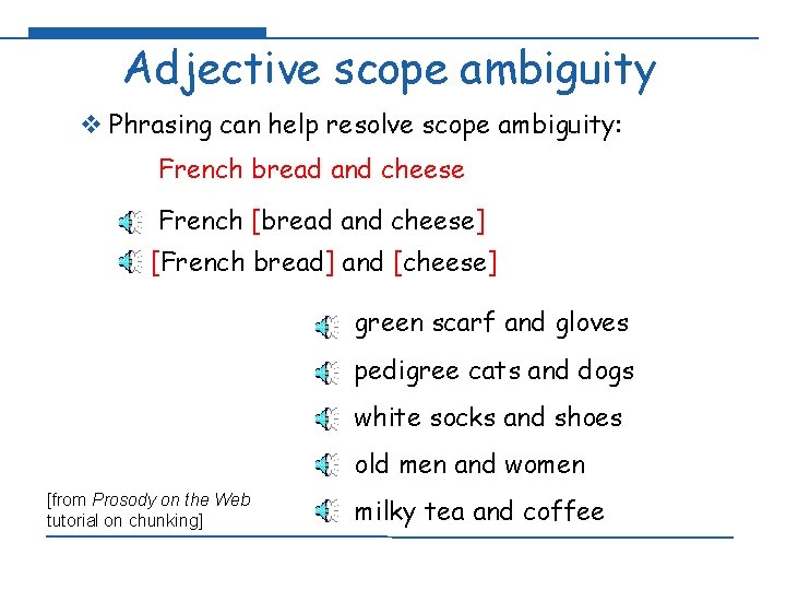 Adjective scope ambiguity v Phrasing can help resolve scope ambiguity: French bread and cheese