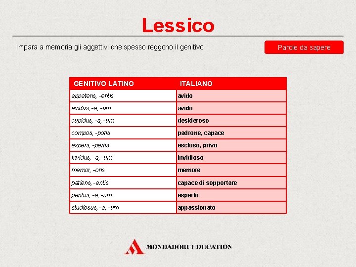 Lessico Impara a memoria gli aggettivi che spesso reggono il genitivo GENITIVO LATINO ITALIANO Lessico Impara a memoria gli aggettivi che spesso reggono il genitivo GENITIVO LATINO ITALIANO