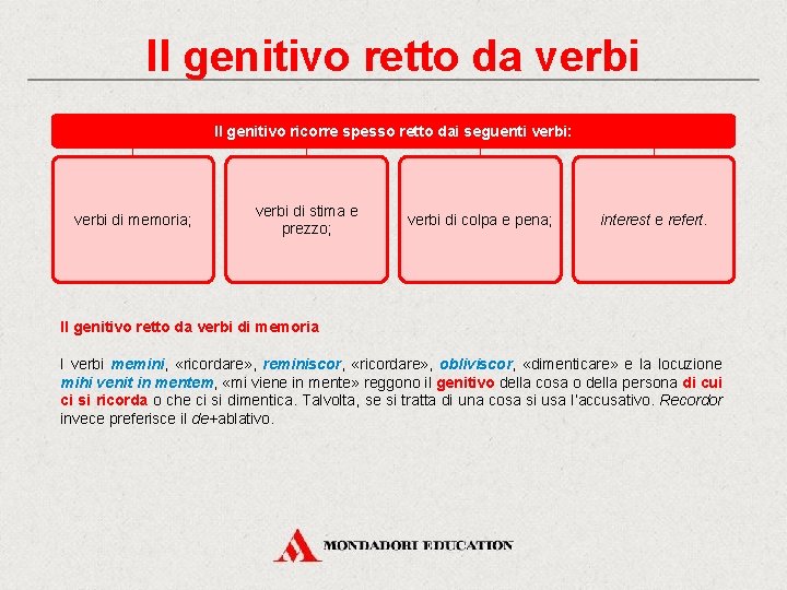 Il genitivo retto da verbi Il genitivo ricorre spesso retto dai seguenti verbi: verbi Il genitivo retto da verbi Il genitivo ricorre spesso retto dai seguenti verbi: verbi
