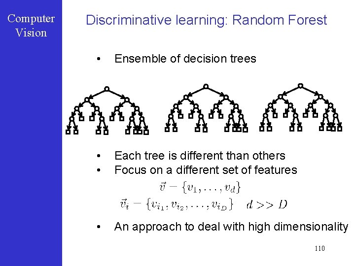 Computer Vision Discriminative learning: Random Forest • Ensemble of decision trees • • Each