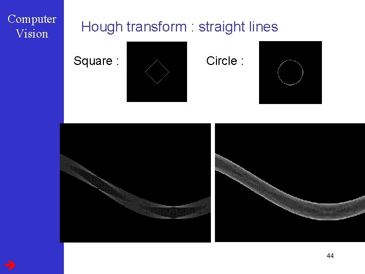 Computer Vision Hough transform : straight lines Square : Circle : 44 