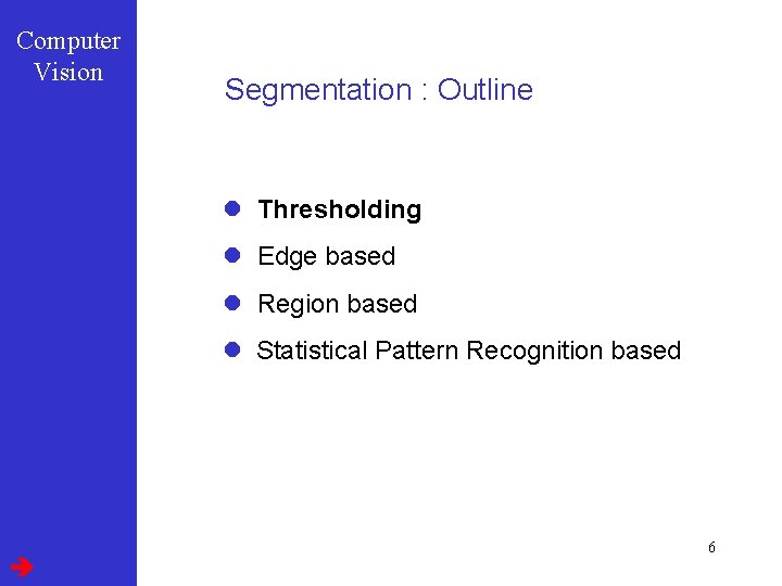 Computer Vision Segmentation : Outline l Thresholding l Edge based l Region based l