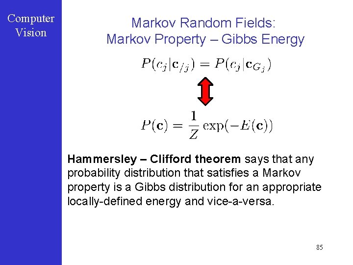 Computer Vision Markov Random Fields: Markov Property – Gibbs Energy Hammersley – Clifford theorem