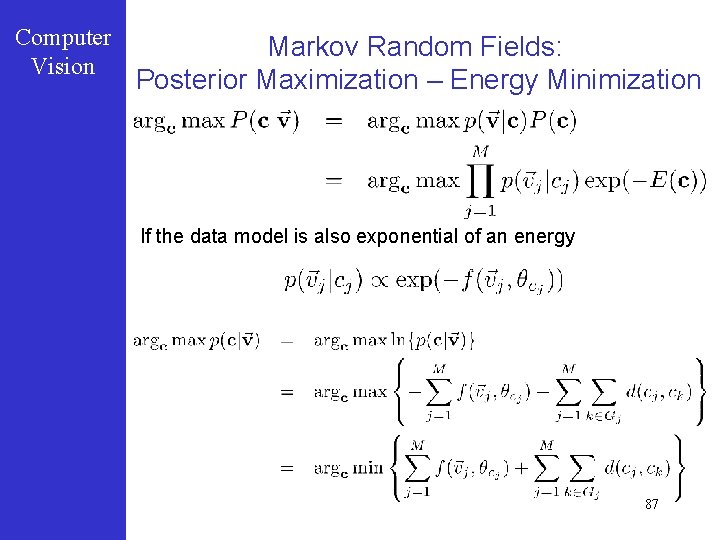 Computer Vision Markov Random Fields: Posterior Maximization – Energy Minimization If the data model