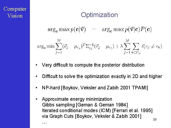 Computer Vision Optimization • Very difficult to compute the posterior distribution • Difficult to