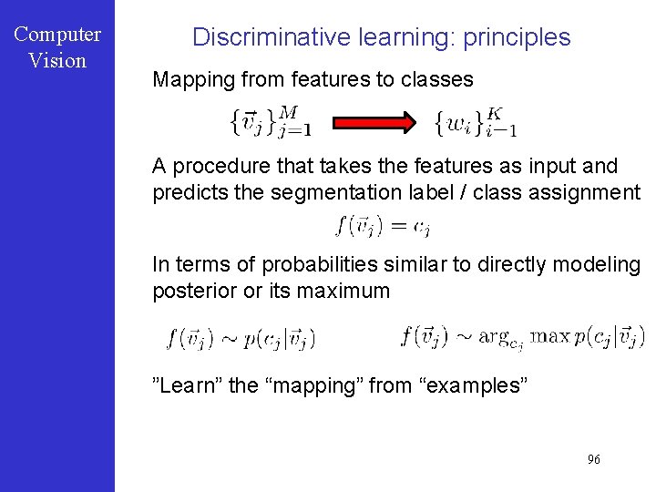 Computer Vision Discriminative learning: principles Mapping from features to classes A procedure that takes