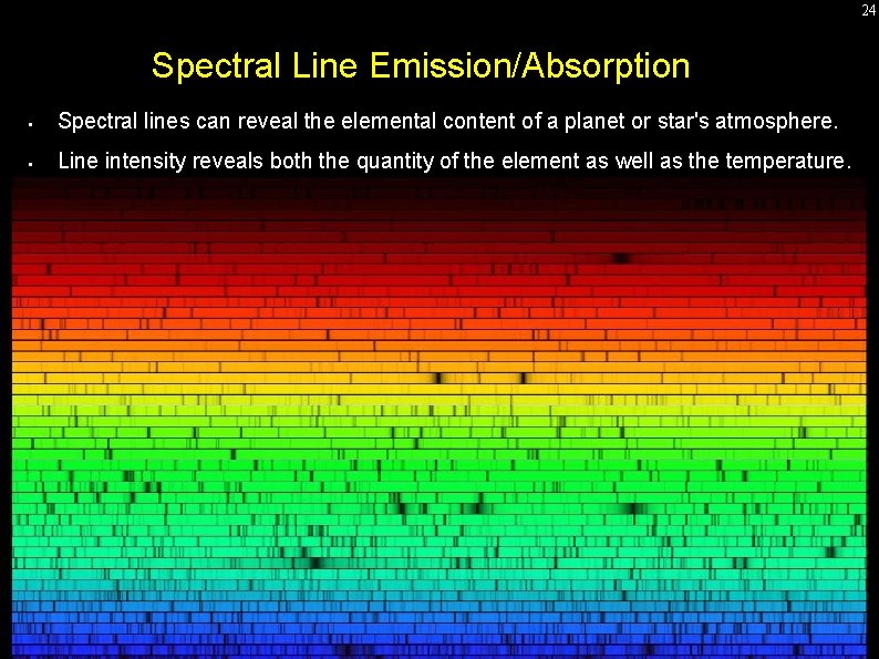 24 Spectral Line Emission/Absorption • Spectral lines can reveal the elemental content of a 24 Spectral Line Emission/Absorption • Spectral lines can reveal the elemental content of a