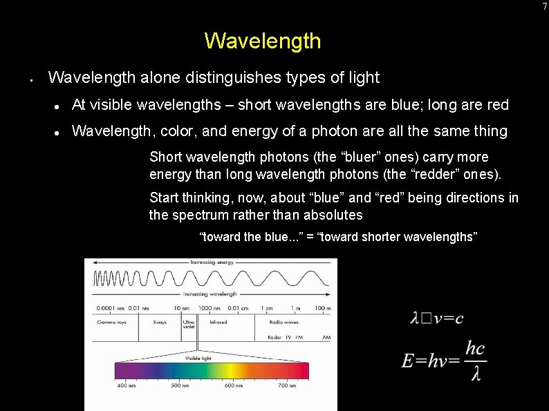 7 Wavelength • Wavelength alone distinguishes types of light At visible wavelengths – short 7 Wavelength • Wavelength alone distinguishes types of light At visible wavelengths – short