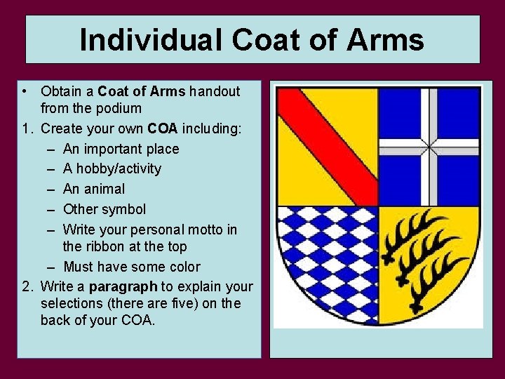 Individual Coat of Arms • Obtain a Coat of Arms handout from the podium