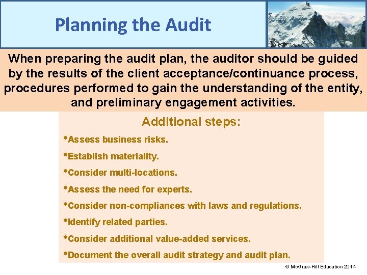 Planning the Audit When preparing the audit plan, the auditor should be guided by