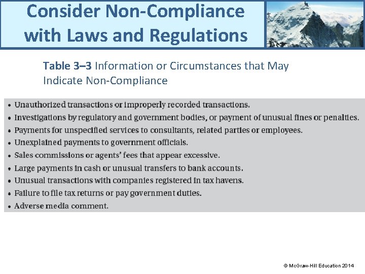 Consider Non-Compliance with Laws and Regulations Table 3– 3 Information or Circumstances that May