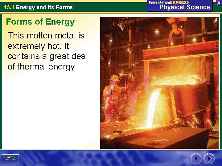 15. 1 Energy and Its Forms of Energy This molten metal is extremely hot. 15. 1 Energy and Its Forms of Energy This molten metal is extremely hot.