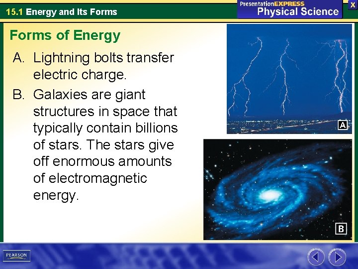 15. 1 Energy and Its Forms of Energy A. Lightning bolts transfer electric charge. 15. 1 Energy and Its Forms of Energy A. Lightning bolts transfer electric charge.