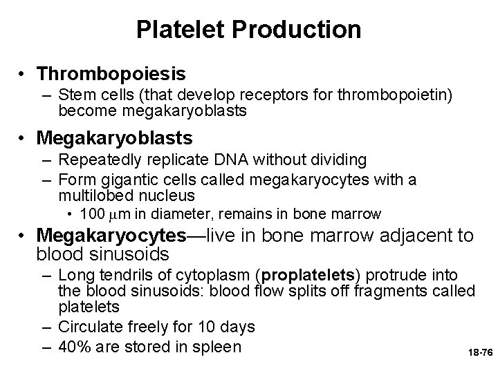 Platelet Production • Thrombopoiesis – Stem cells (that develop receptors for thrombopoietin) become megakaryoblasts