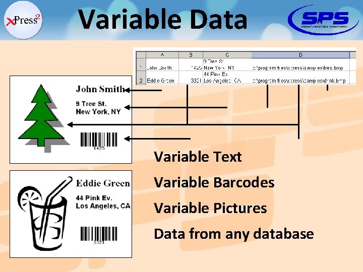 Variable Data Variable Text Variable Barcodes Variable Pictures Data from any database 