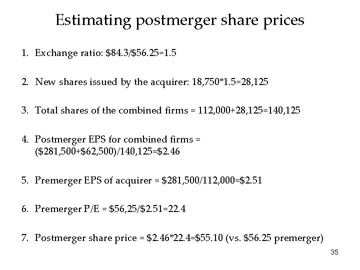 Estimating postmerger share prices 1. Exchange ratio: $84. 3/$56. 25=1. 5 2. New shares