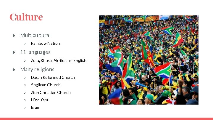 Culture ● Multicultural ○ Rainbow Nation ● 11 languages ○ Zulu, Xhosa, Akrikaans, English