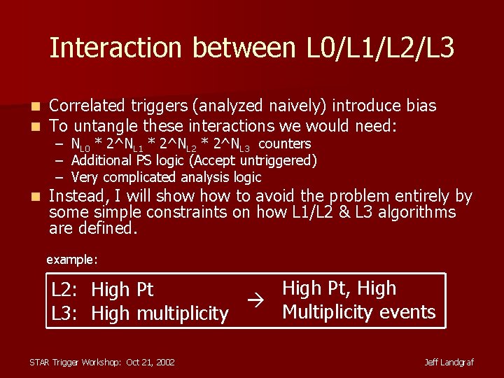 Interaction between L 0/L 1/L 2/L 3 n n Correlated triggers (analyzed naively) introduce