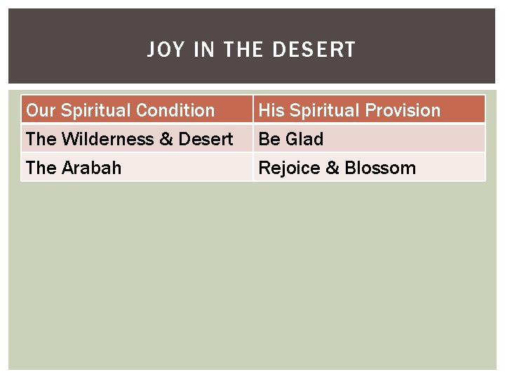 JOY IN THE DESERT Our Spiritual Condition The Wilderness & Desert The Arabah His
