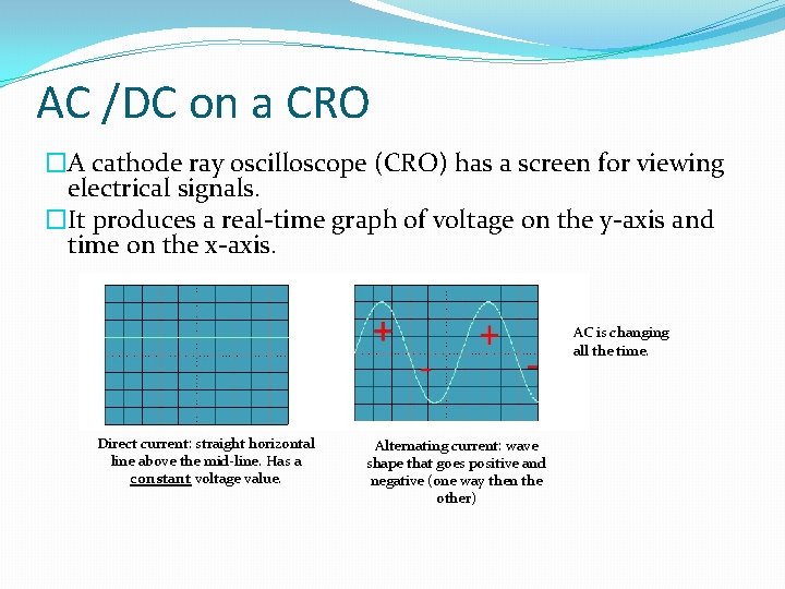 AC /DC on a CRO �A cathode ray oscilloscope (CRO) has a screen for