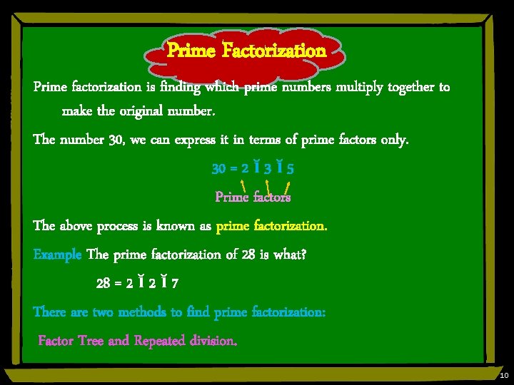 Prime Factorization Prime factorization is finding which prime numbers multiply together to make the