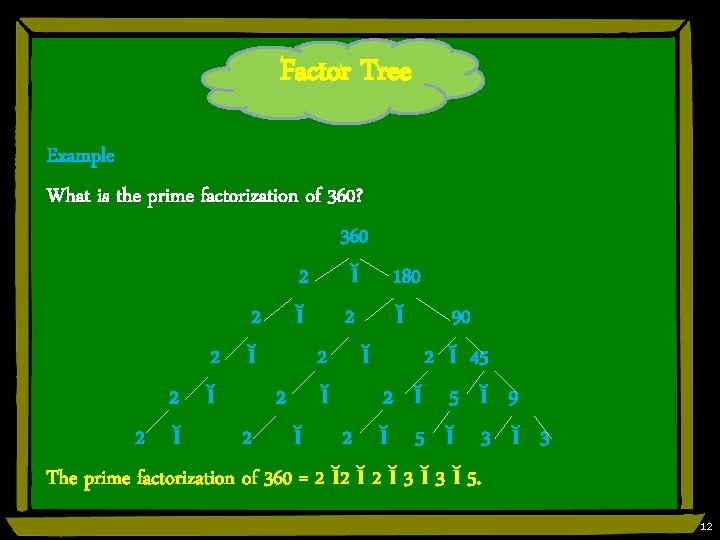 Factor Tree Example What is the prime factorization of 360? 360 2 ĭ 180