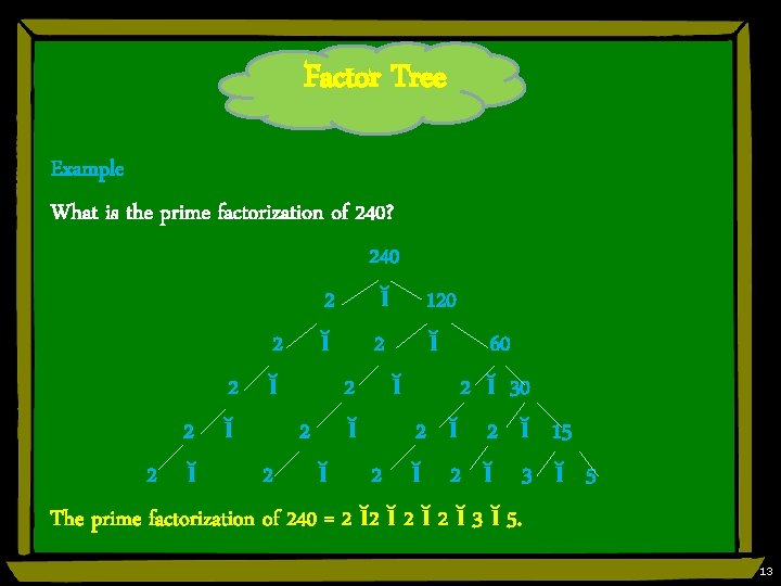 Factor Tree Example What is the prime factorization of 240? 240 2 ĭ 120