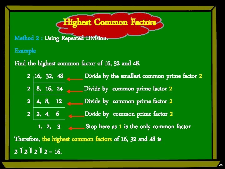 Highest Common Factors Method 2 : Using Repeated Division. Example Find the highest common