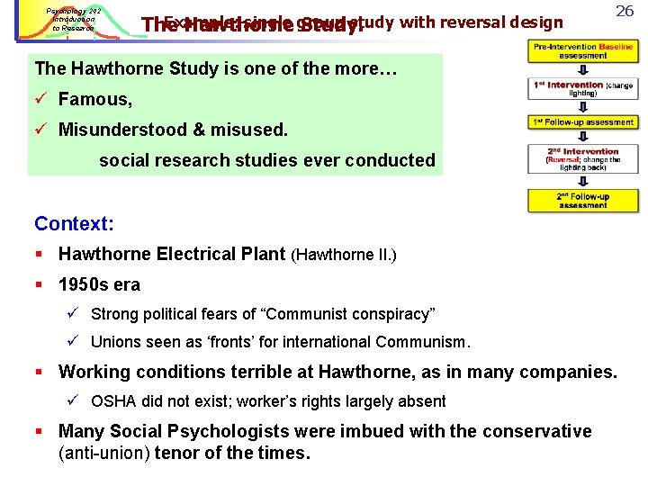 Psychology 242 Introduction to Research Example: single group study with reversal design The Hawthorne