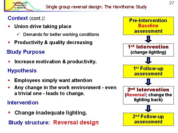 Psychology 242 Introduction to Research Single group reversal design: The Hawthorne Study Context (cont.