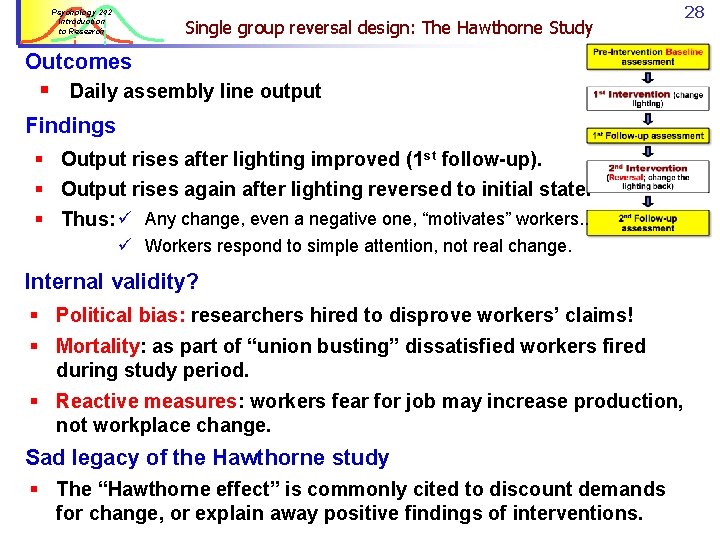 Psychology 242 Introduction to Research Single group reversal design: The Hawthorne Study Outcomes §