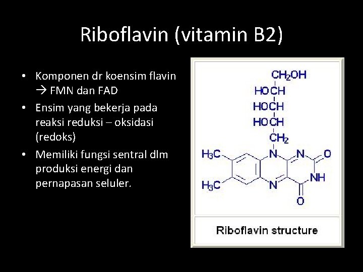 Riboflavin (vitamin B 2) • Komponen dr koensim flavin FMN dan FAD • Ensim