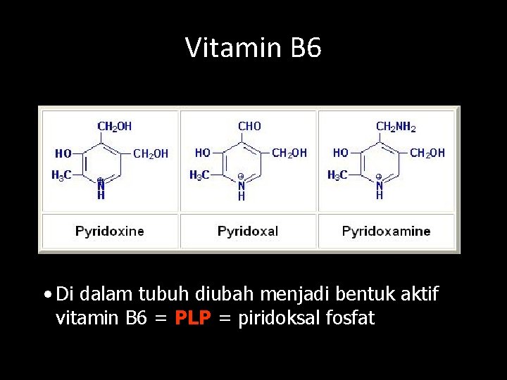 Vitamin B 6 • Di dalam tubuh diubah menjadi bentuk aktif vitamin B 6