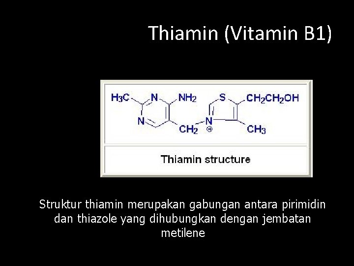 Thiamin (Vitamin B 1) Struktur thiamin merupakan gabungan antara pirimidin dan thiazole yang dihubungkan