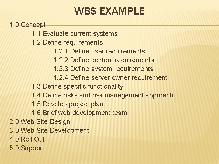 WBS EXAMPLE 1. 0 Concept 1. 1 Evaluate current systems 1. 2 Define requirements