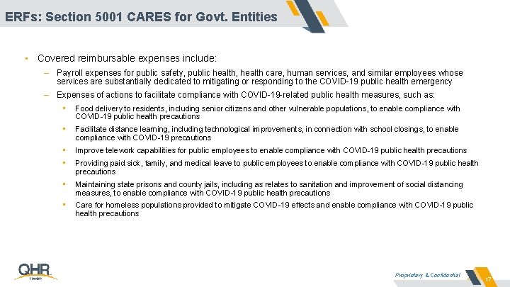 ERFs: Section 5001 CARES for Govt. Entities • Covered reimbursable expenses include: – Payroll