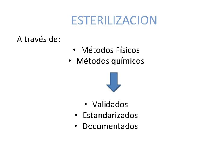 ESTERILIZACION A través de: • Métodos Físicos • Métodos químicos • Validados • Estandarizados