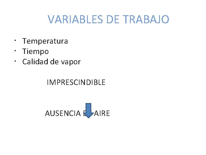 VARIABLES DE TRABAJO Temperatura Tiempo Calidad de vapor IMPRESCINDIBLE AUSENCIA DE AIRE 