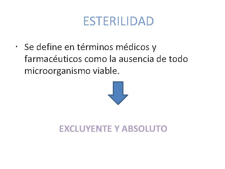 ESTERILIDAD Se define en términos médicos y farmacéuticos como la ausencia de todo microorganismo