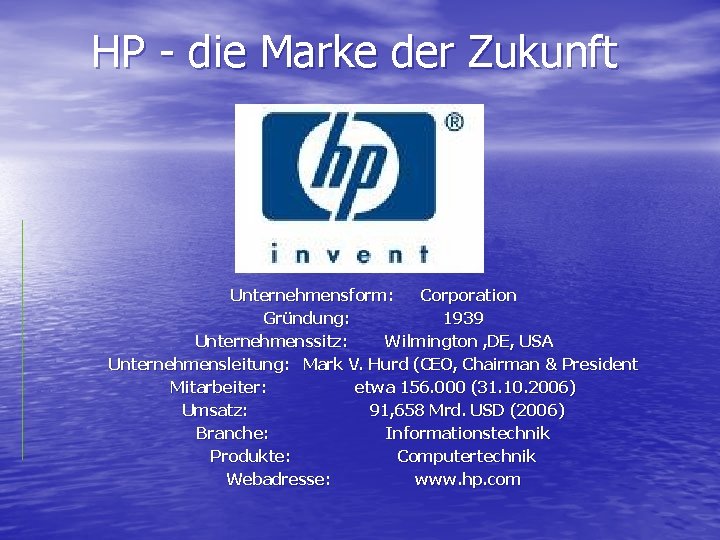 HP - die Marke der Zukunft Unternehmensform: Corporation Gründung: 1939 Unternehmenssitz: Wilmington , DE,