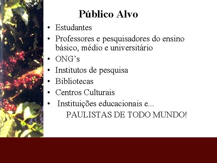 Público Alvo • Estudantes • Professores e pesquisadores do ensino básico, médio e universitário