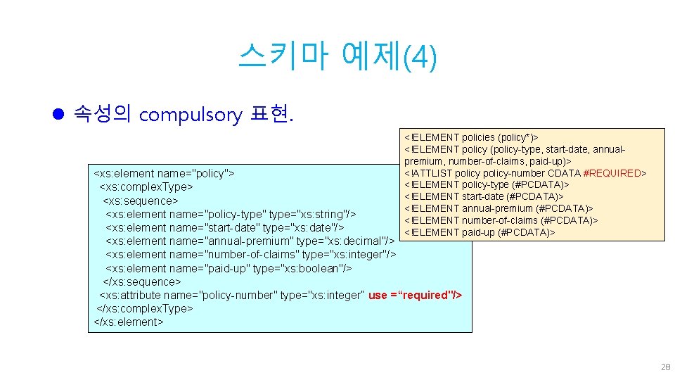 스키마 예제(4) l 속성의 compulsory 표현. <!ELEMENT policies (policy*)> <!ELEMENT policy (policy-type, start-date, annualpremium,