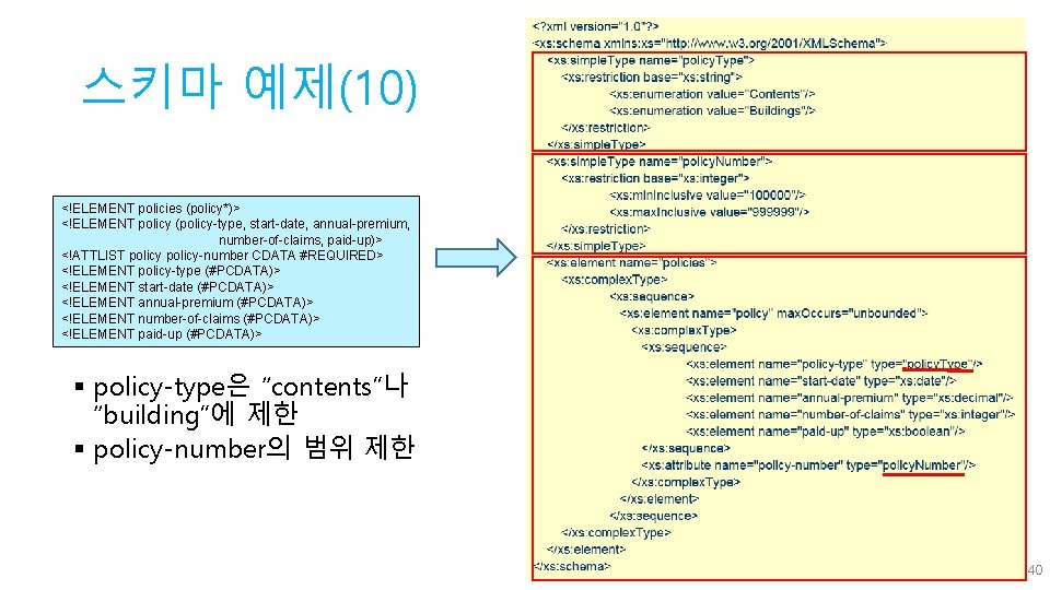 스키마 예제(10) <!ELEMENT policies (policy*)> <!ELEMENT policy (policy-type, start-date, annual-premium, number-of-claims, paid-up)> <!ATTLIST policy-number